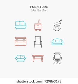 Furniture, sofa, table, chair, curbstone and more, thin line color icons set, vector illustration