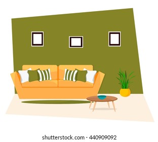 Furniture, Sofa with table on green background.