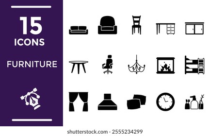 Furniture Solid Editable Icons set Vector illustration in modern thin line style of furniture and decor related icons: upholstered, cabinet and garden furniture, decorative and lighting elements