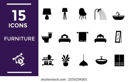 Furniture Solid Editable Icons set Vector illustration in modern thin line style of furniture and decor related icons: upholstered, cabinet and garden furniture, decorative and lighting elements