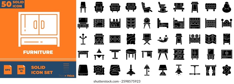 Furniture Solid Editable Icons set. Vector illustration in modern thin solid style of furniture icons: sofa, chair, table, bed, lamp, etc