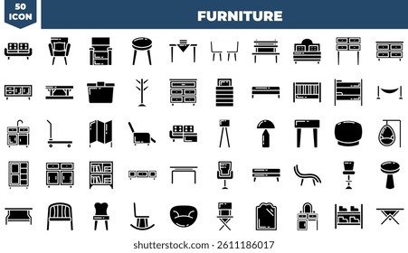 Furniture Solid Editable Icons set. Vector illustration in modern thin solid style of furniture icons: chair, table, bed, lamp, wardrobe, etc