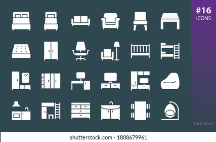 Conjunto de iconos sólidos de mobiliario. Conjunto de muebles para casa, dormitorio, sala de estar, oficina, pasadizo, cocina, glifos de habitación infantil vectores iconos