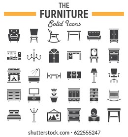 Furniture solid icon set, interior symbols collection, vector sketches, logo illustrations, filled pictograms package isolated on white background, eps 10.