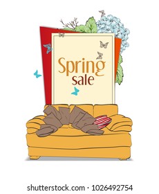 Furniture. spring sale. Sofa with pillows, flowers and pictures.
