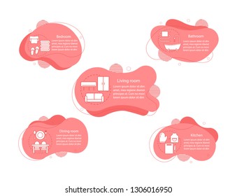 Furniture store concept illustrations. Flat or house rooms infographic template. Fluid elements with text and linear icons. Interior design wavy bubbles steps. Presentation, banner, report cliparts