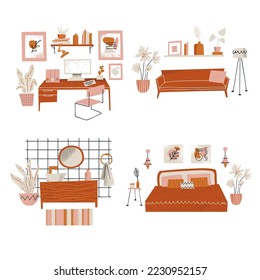 Furniture store concept. Living room, bedroom, bathroom and workspace interior design. Furniture elements set. Home accessories and decor. Interior design vector illustration in a flat style