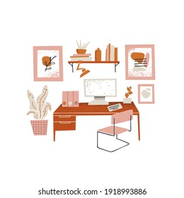 Möbelgeschäft-Konzept. WorkSpace-Innenarchitektur. Die Möbelelemente setzen Tisch und Stuhl, Bücherregal, Hauspflanze, Computer und Gemälde. Die Inneneinrichtung und die Accessoires. Vektorgrafik in Flachstil