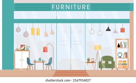 Furniture Store Facade. Modern Furniture Shop Vector Illustration. Retail Trail. Shop Window With Table, Chairs, Armshair, Lamps, Wardrobe, Home Decor. Front View Of Furniture Store. 