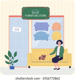 Furniture store, female buyer. Woman in furniture store looking for new comfortable sofa for home. Lady sitting on divan choose design