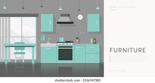 Furniture store flat banner vector template. Contemporary kitchen equipment sale, kitchenware shop advertising poster layout. Modern dining room furnishing illustration with text space