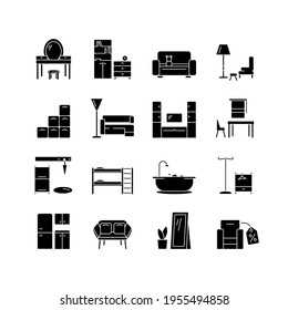 Furniture store glyph icons set. Home furnishings. Interior design. Thin line customizable illustration. Contour symbol. Vector isolated outline drawing. Editable stroke