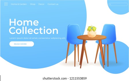 Furniture store for home design banner.  Modern interior with table and chairs and plant . Landing Page Website concept Vector cartoon illustration