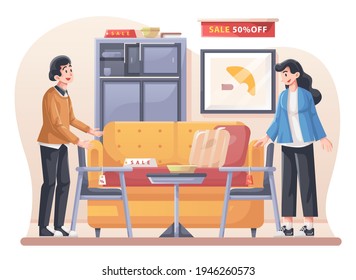Furniture Store Illustration, Retail Shop selling Interior Items in Discounted Price. This illustration can be use for website, landing page, web, app, and banner.