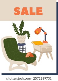 Furniture Store Interior Decor Sale Banner Vector Illustration