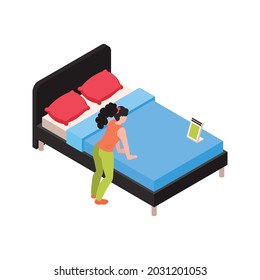 Furniture store isometric icon with woman choosing bed 3d vector illustration