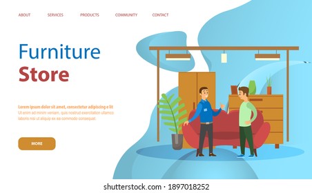 Furniture store landing page template with smiling shoppers in furniture shop, shopping for house decor elements and sofa, bookcase, wardrobe Professional department store sellers advises the client