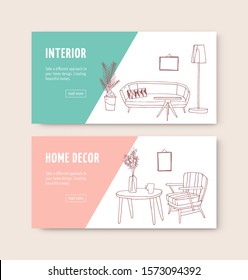 Furniture store landing page vector templates . Furnishing accessories shop website interface with hand drawn illustrations. Home and comfort homepage layout. Web banner, webpage design.