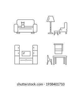 Furniture store linear icons set. Home furnishings. Interior design. Silhouette symbol on white space. Vector isolated illustration. Editable stroke