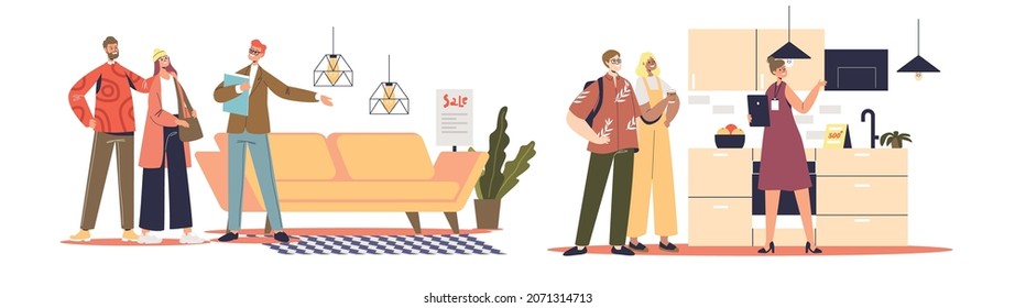 Tienda de muebles con sala de estar y presentación interior de cocina: ayudantes de tienda ayudando al comprador a comprar muebles para el apartamento de su casa. Concepto de diseño interior. Dibujo vectorial plano de dibujos animados