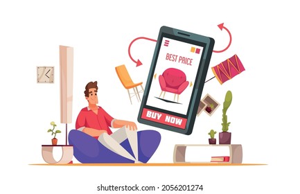 Furniture store online best price offer big floating smartphone screen in front of customer cartoon vector illustration   