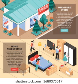 Furniture store outside and inside isometric banners with people choosing home accessories vector illustration