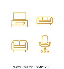 El mobiliario almacena el píxel perfecto gradiente de los iconos de los vectores lineales. Amueblado para sala de estar y oficina en casa. El símbolo de contorno delgado diseña el paquete. Colección de ilustraciones de esquema aisladas
