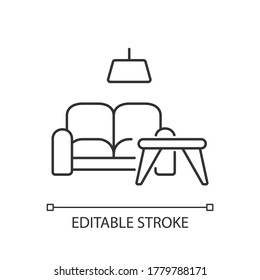 Furniture store pixel perfect linear icon. Sofa and coffee table. Contemporary room interior. Thin line customizable illustration. Contour symbol. Vector isolated outline drawing. Editable stroke