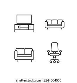 El mobiliario almacena iconos lineales perfectos en píxeles. Amueblado para sala de estar y oficina en casa. sofá, sofá. Símbolos de línea delgada personalizables. Ilustraciones aisladas del contorno vectorial. Trazo editable