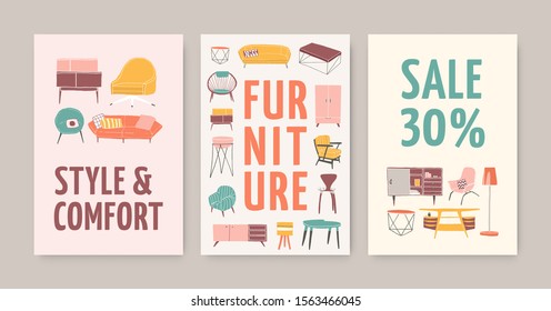 Furniture store posters vector templates set. Furnishing accessories shop flyers pack. Home and comfort leaflet. Armchairs, coffee tables, sofa and couches hand drawn illustrations.