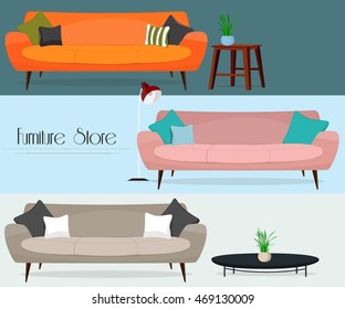 Furniture store. Set of sofas and tables.