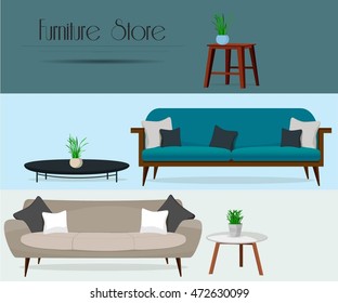 Furniture store. Set of sofas and tables.