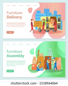 Furniture store set vector, delivery and assembly, workers packing and unpacking bought and delivered products. Wooden drawers and soft sofa. Website or webpage template, landing page flat style