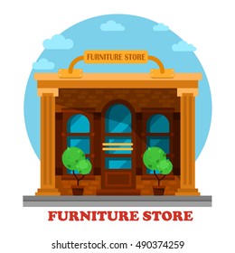 Furniture store or shop building facade architecture. Construction or structure for sale or retail old, modern, wooden sofas or tables, chairs. Great for sightseeing or exterior outdoor panorama view