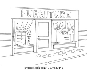 Furniture Store Shop Exterior Graphic Black White Sketch Illustration Vector