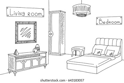 Furniture store shop graphic black white interior sketch illustration vector