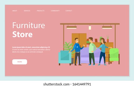 Furniture store vector, consultant seller, explaining clients benefits of items. Sofa and armchairs, houseplant decoration and drawers info. Website or webpage template, landing page flat style