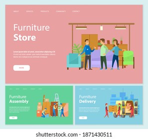 Almacén de muebles vectorial, tienda con sofá y cajones, decoración de casa y armarios. Entrega y montaje de artículos comprados en el transporte del vendedor. Plantilla de sitio web o página web, estilo plano de página de inicio