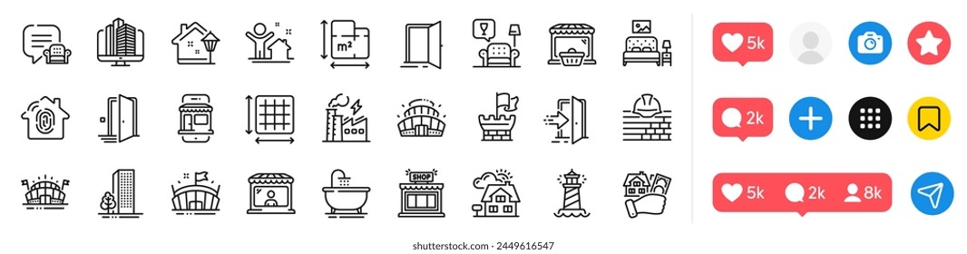 Furniture, Street light and Open door line icons pack. Social media icons. Lighthouse, Fingerprint access, Market seller web icon. Buildings, Enterprise, Shop pictogram. Vector