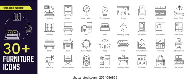 Icono de movimiento de muebles colecciones. Contiene mesa, percha, espejo, silla de cubierta, estante de libro, silla de oficina, banco, cama, escritorio e iconos de soporte de TV. Icono de trazo editable Icono de contorno de colección