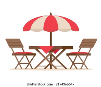 Furniture For Summer Patio Holiday. Restaurant Or Cafe Wooden Table With Chairs And Beach Umbrella. Vector Illustration Isolated On White Background.