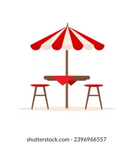 Furniture for summer patio holiday. Restaurant or cafe wooden table with chairs and beach umbrella. Vector illustration isolated on white background.