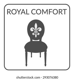 Furniture symbol on a white background. Gray silhouette isolated on a white background. Logo Design for furniture boutique, shop, store. Service Concept. Chair icon with royal fleur de lis. Flat Style