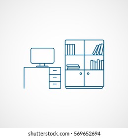 Furniture Table With Computer And Bookcase Cupboard Blue Line Icon On White Background