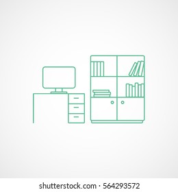 Furniture Table With Computer And Bookcase Green Line Icon On White Background