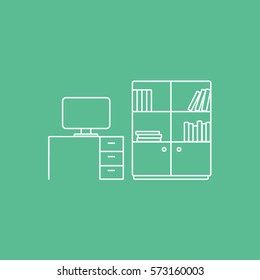 Furniture Table With Computer And Bookcase Line Icon On Green Background