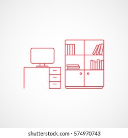 Furniture Table With Computer And Bookcase Red Line Icon On White Background