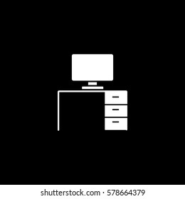Furniture Table With Computer Flat Icon On Black Background
