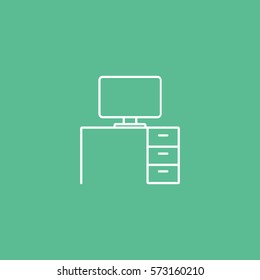 Furniture Table With Computer  Line Icon On Green Background
