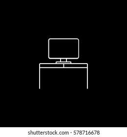 Furniture Table With Computer Line Icon On Black Background